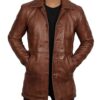 Mens Santiago Distressed Leather Car Coat Tan 