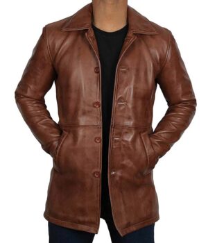 Mens Santiago Distressed Leather Car Coat Tan 
