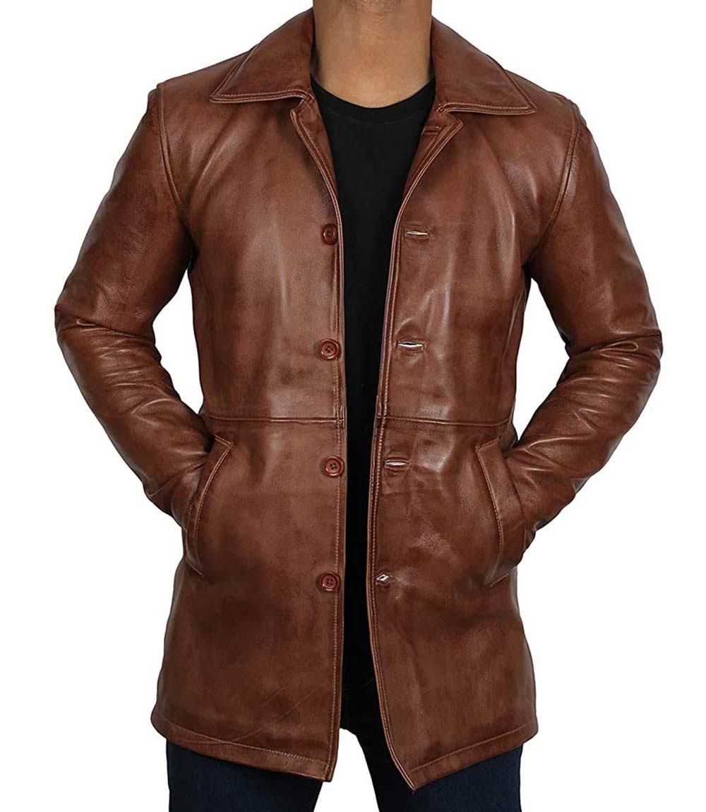 Mens Santiago Distressed Leather Car Coat Tan Mens Santiago Distressed Leather Car Coat Tan