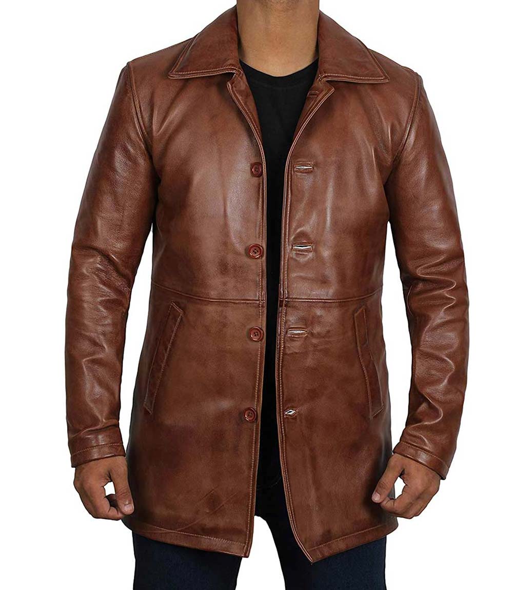 Mens Santiago Distressed Leather Car Coat Tan Mens Santiago Distressed Leather Car Coat Tan