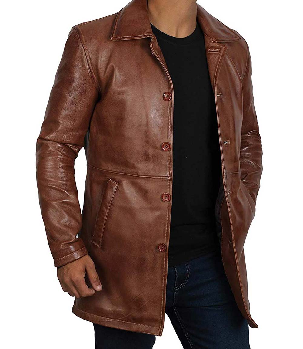 Mens Santiago Distressed Leather Car Coat Tan Mens Santiago Distressed Leather Car Coat Tan