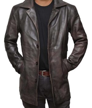 Mens Distressed Dark Brown Leather Car Coat  