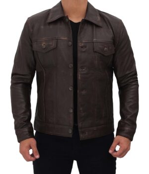 Dark Brown Leather Trucker Jacket Mens