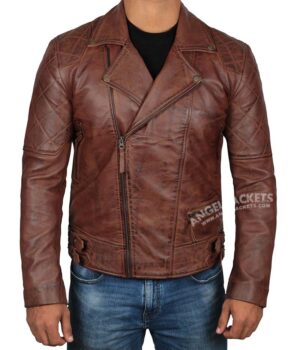 Mens Dark Brown Quilted Asymmetrical Vintage Biker Leather Jacket