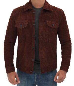 Dark Brown Suede Trucker Jacket For Men