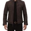 Mens Quilted Cafe Racer Distressed Leather Brown Jacket