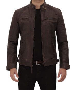 Mens Quilted Cafe Racer Distressed Leather Brown Jacket