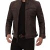 Mens Quilted Cafe Racer Distressed Leather Brown Jacket