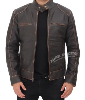 Dodge Cafe Racer Leather Dark Brown Jacket Mens 