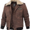 Mens Shearling Collar Bomber Buff Leather Jacket