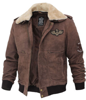 Mens Shearling Collar Bomber Buff Leather Jacket