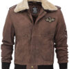 Mens Shearling Collar Bomber Buff Leather Jacket