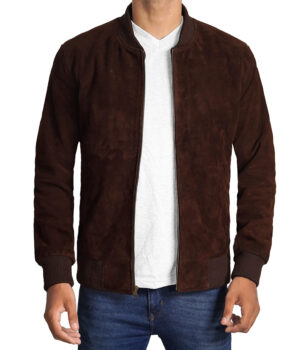 Adamsville Mens Dark Brown Suede Leather Bomber Jacket