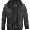 Grey Mens Leather Bomber Jacket with Hood