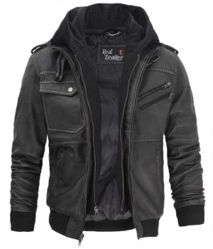 Grey Mens Leather Bomber Jacket with Hood