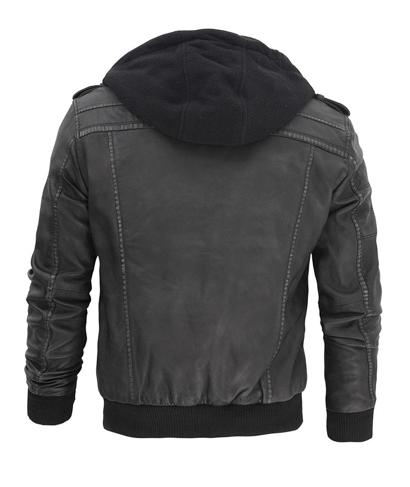Grey Mens Leather Bomber Jacket with Hood Grey Mens Leather Bomber Jacket with Hood