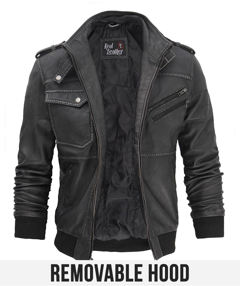 Grey Mens Leather Bomber Jacket with Hood Grey Mens Leather Bomber Jacket with Hood