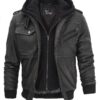 Grey Mens Leather Bomber Jacket with Hood Grey Mens Leather Bomber Jacket with Hood