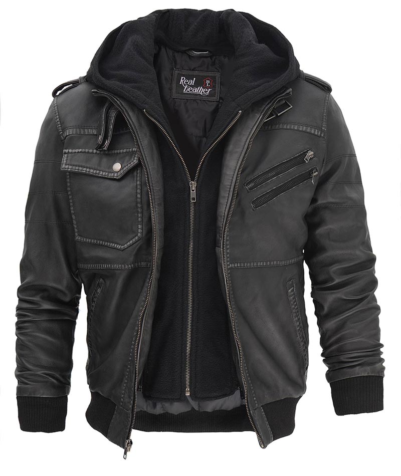 Grey Mens Leather Bomber Jacket with Hood Grey Mens Leather Bomber Jacket with Hood
