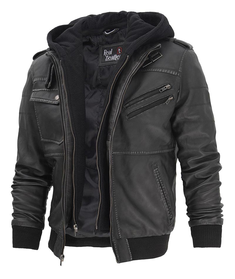 Grey Mens Leather Bomber Jacket with Hood Grey Mens Leather Bomber Jacket with Hood