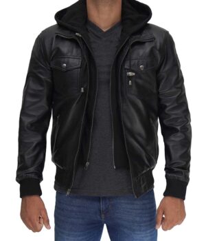 Mens Black Bomber Leather Jacket With a Removable Hood