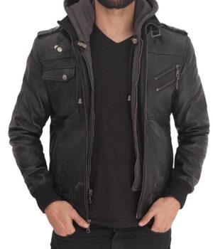 Mens Black Bomber Leather Jacket with Detachable Hoodie