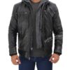 Mens Black Leather Jacket with Grey Hood