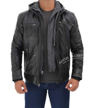 Mens Black Leather Jacket with Grey Hood