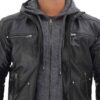 Mens Black Leather Jacket with Grey Hood Mens Black Leather Jacket with Grey Hood