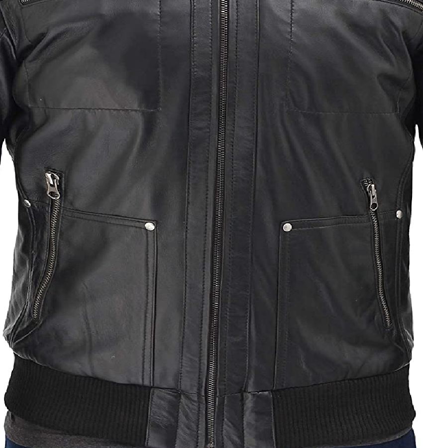 Mens Black Leather Jacket with Grey Hood Mens Black Leather Jacket with Grey Hood