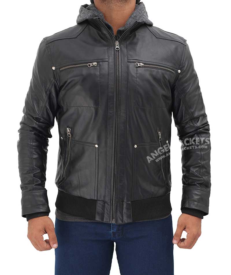 Mens Black Leather Jacket with Grey Hood Mens Black Leather Jacket with Grey Hood