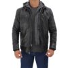 Mens Black Leather Jacket with Grey Hood Mens Black Leather Jacket with Grey Hood