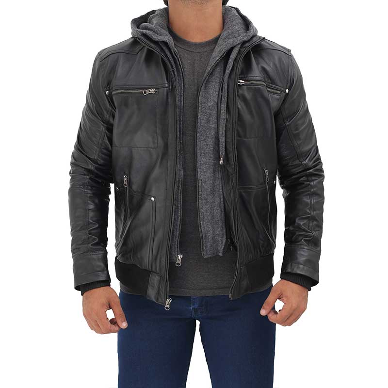 Mens Black Leather Jacket with Grey Hood Mens Black Leather Jacket with Grey Hood