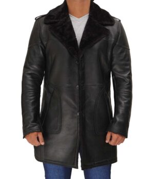 Ronnie Black Long Shearling Car Coat Mens