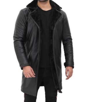 Black Shearling Leather Trench Coat