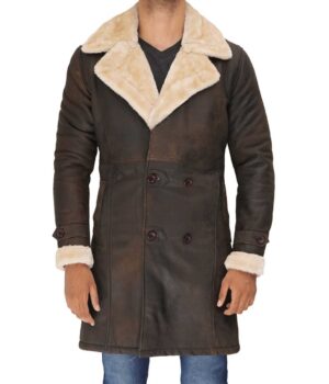 Sullivan Double Breasted Sherpa Brown Leather Mens Coat 
