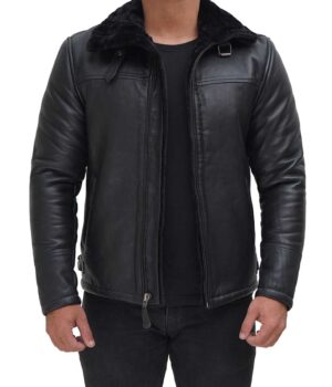 Mitchel Black Shearling Bomber Leather Jacket