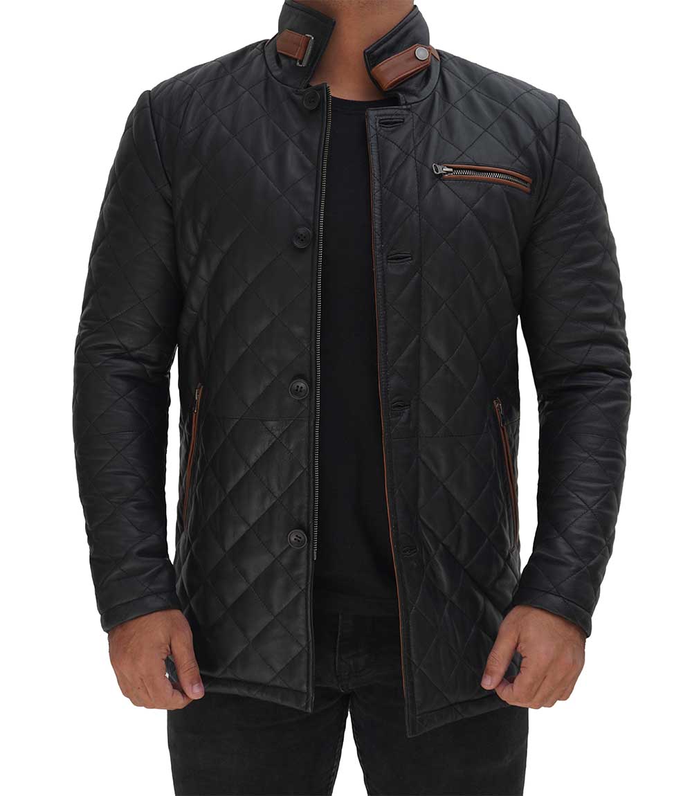 Glen Men Black Quilted Leather Car Coat Glen Men Black Quilted Leather Car Coat
