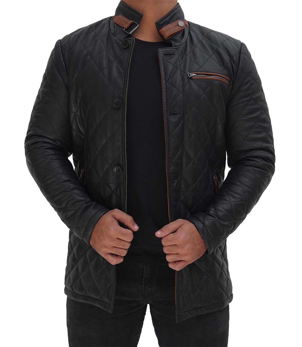 Glen Men Black Quilted Leather Car Coat Glen Men Black Quilted Leather Car Coat