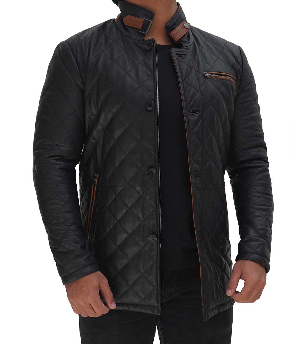 Glen Men Black Quilted Leather Car Coat Glen Men Black Quilted Leather Car Coat