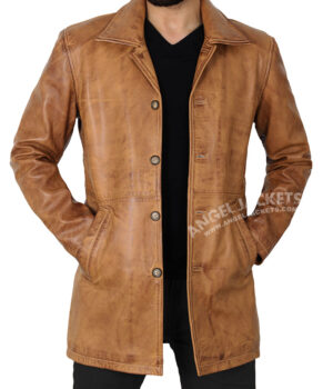Mens Brown Leather Car Coat 