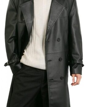 Mens Double Breasted Black Leather Trench Coat