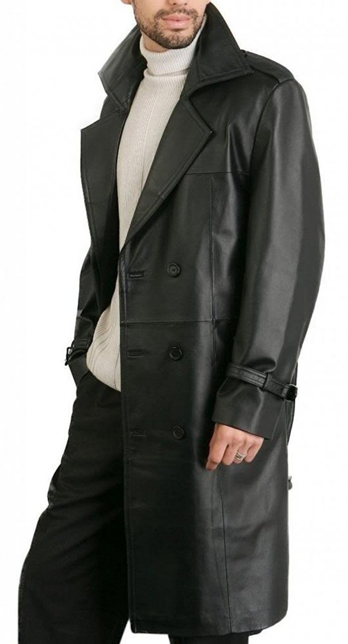 Mens Double Breasted Black Leather Trench Coat Mens Double Breasted Black Leather Trench Coat