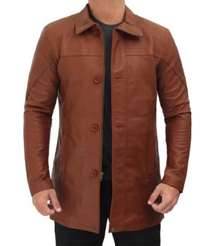 Mens Vintage Cognac Leather Car Coat