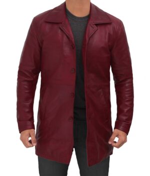Santiago Mens Leather Car Coat Maroon