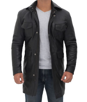 Mens Black Leather 3 4 Length Car Coat