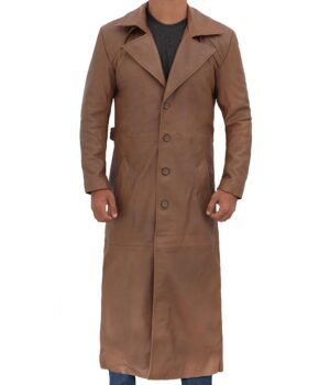 Bryson Mens Distressed Brown Long Leather Coat