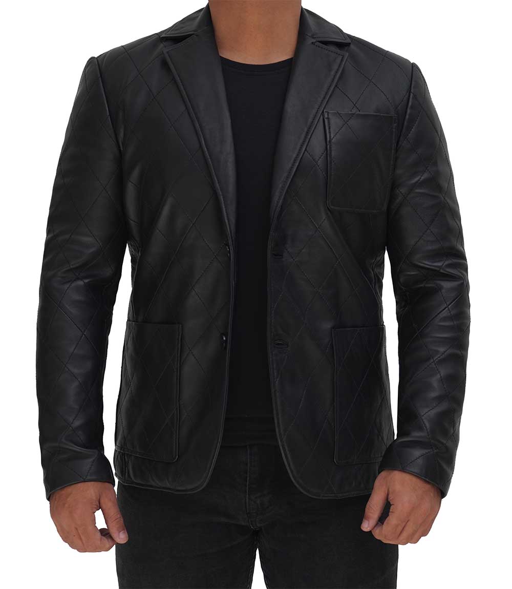 Elton Men Black Quilted Leather Blazer Elton Men Black Quilted Leather Blazer