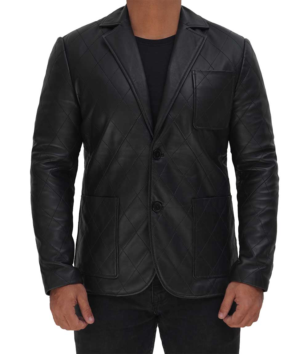 Elton Men Black Quilted Leather Blazer Elton Men Black Quilted Leather Blazer