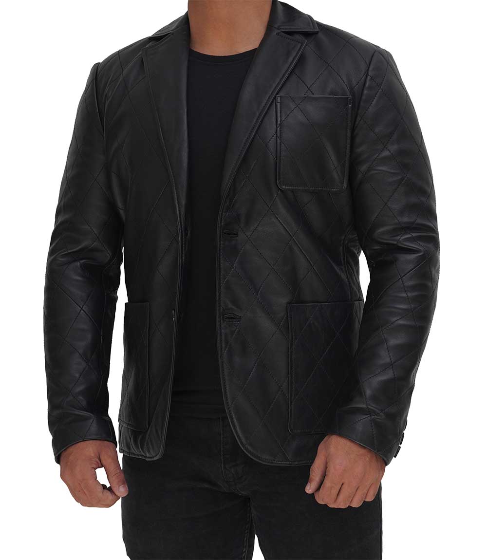 Elton Men Black Quilted Leather Blazer Elton Men Black Quilted Leather Blazer